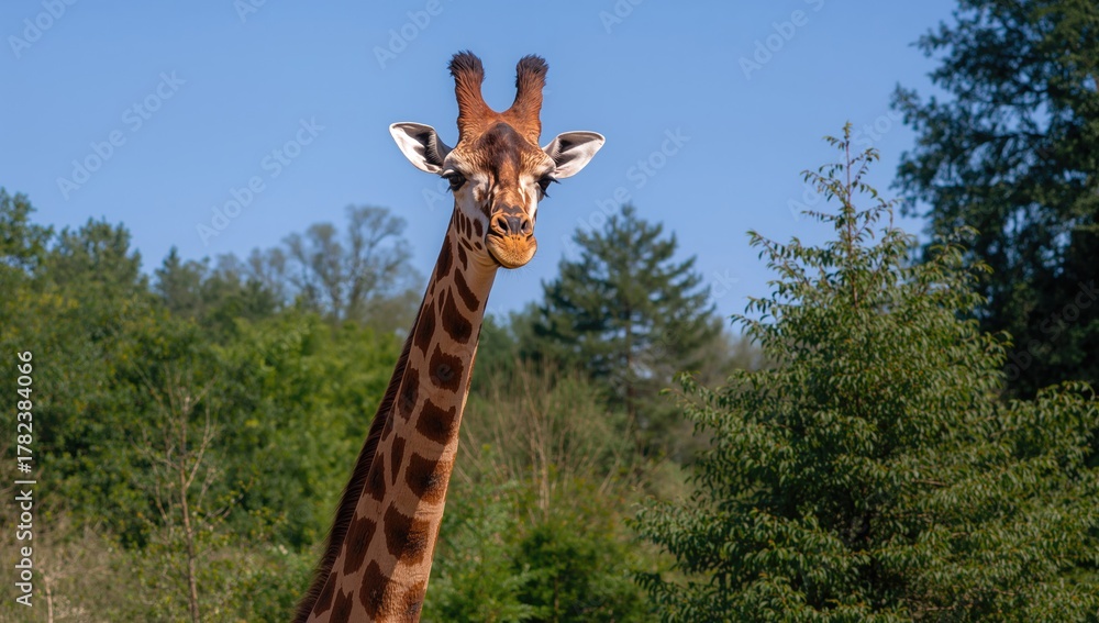 Fototapeta premium Giraffe in a zoo environment, showcasing natural growth and features, adding insight into urban wildlife preservation