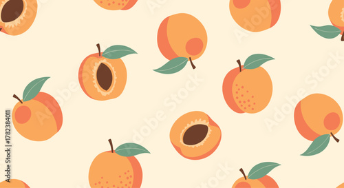 Ripe peaches and apricot halves are scattered in a sweet and summery seamless pattern, perfect for a fresh, fruity background design.
