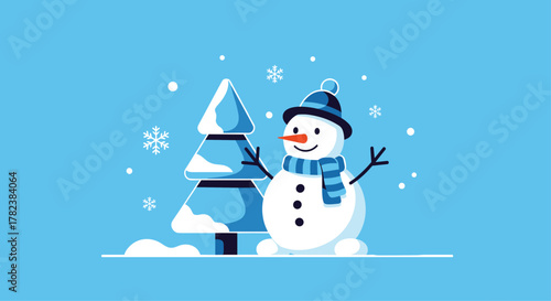 Cheerful snowman wearing a hat and scarf stands next to a snow-covered tree under falling snowflakes in a cozy winter illustration.