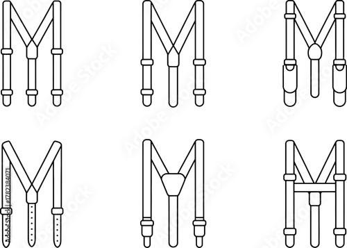 Collection of six different suspender designs in a vector format on a white background for fashion illustrations