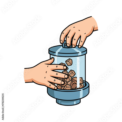 Hands filling a bird feeder with seed in snowy garden concept  