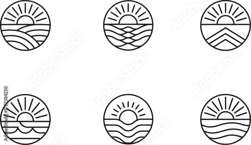 Minimalist sunrise icons set in circular frames representing nature travel and peaceful morning landscapes