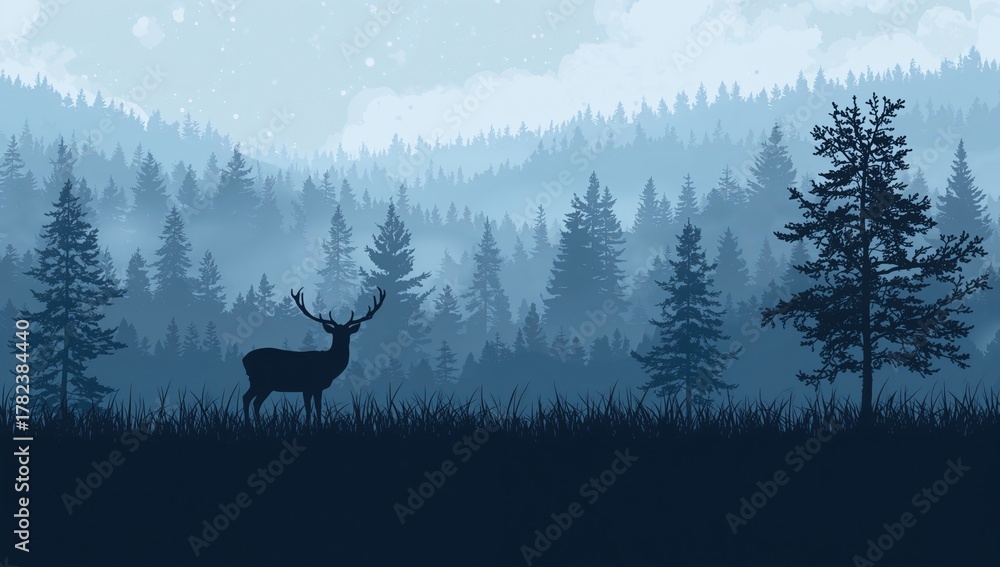 Obraz premium Silhouette of deer, doe, and fawn in a foggy meadow, highlighting wildlife presence in a serene environment