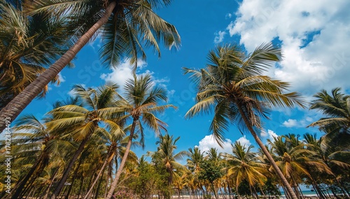 Wallpaper Mural Coconut palms reaching towards a clear blue sky, surrounded by lush garden greenery. Torontodigital.ca