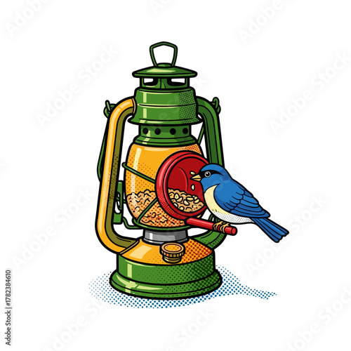 Vintage lantern repurposed as bird feeder in snowy garden  