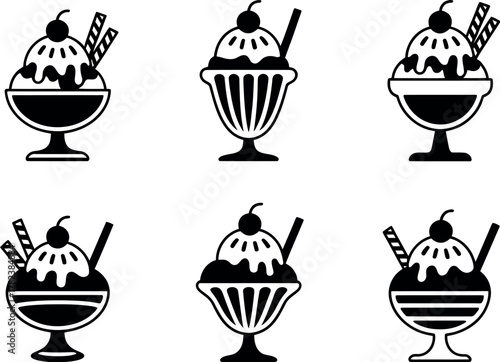 Collection of ice cream sundae illustrations in black and white perfect for menu design and summer themed graphics