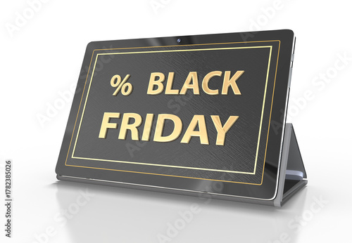 Black Friday, 3d Tablet mit Display und Werbung  freigestellt