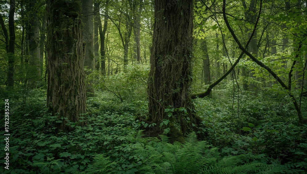 Obraz premium A Lush Summer Forest Featuring Vines and Ferns, Seasonal Change