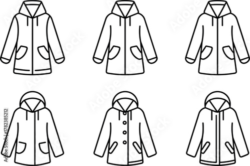 Seamless pattern of black and white raincoats with hoods perfect for textile design and fashion illustration use