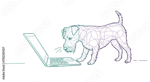 Dog curiously looking at open laptop with tech illustration style  