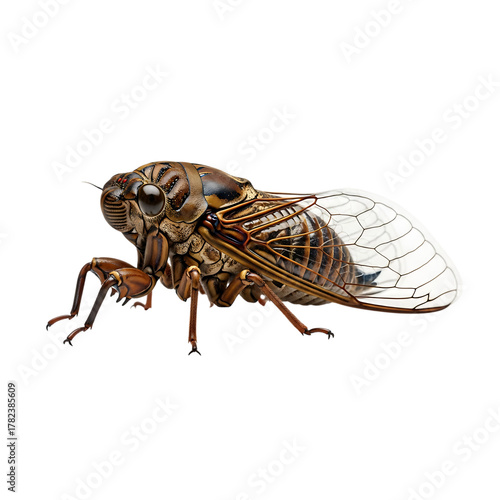 Detailed cicada isolated on transparent background, showcasing its intricate wing patterns and exoskeleton in a captivating insect closeup