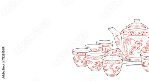 Traditional porcelain tea set with empty cups in lunar new year line art  