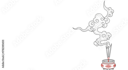 Line art of incense sticks emitting smoke in a traditional bowl  