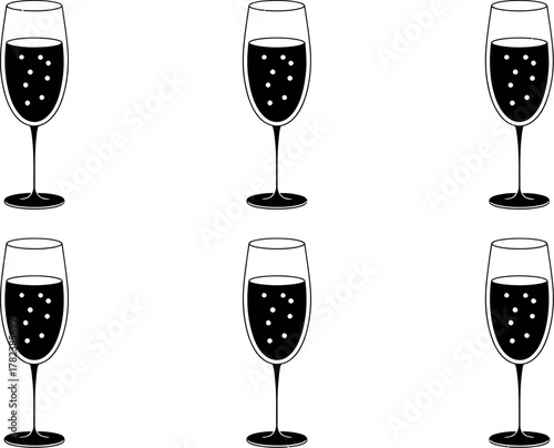 Six champagne flutes filled with bubbly liquid arranged symmetrically on a white background for a celebratory occasion