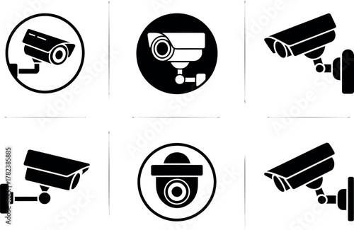 Security camera icons in black and white offering surveillance and protection for home and business security systems