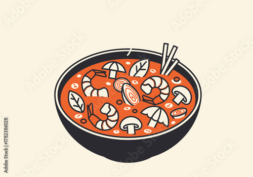 Stylized illustration of a flavorful and spicy Asian soup with shrimp, mushrooms, and fragrant herbs, presented in a dark bowl, reflecting authentic Eastern culinary art
