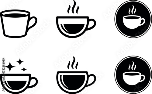 Collection of stylized coffee cup icons in black and white representing hot beverages and morning refreshment
