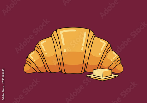 Golden Croissant with Butter Illustration on a Deep Red Background