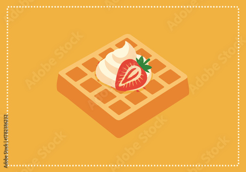 Isometric vector illustration of a delicious Belgian waffle with whipped cream and a fresh strawberry slice on an orange background