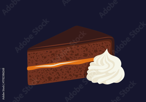 Delicious slice of chocolate cake with creamy whipped cream a tempting dessert illustration
