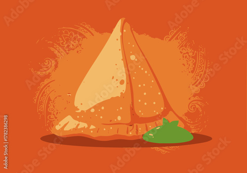 A delicious triangular samosa with a dollop of green chutney, presented in a vibrant orange hue
