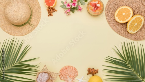 Tropical palm fronds, a hat...