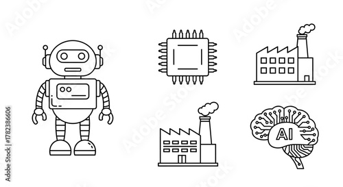 A collection of clean, modern line art icons representing technology and artificial intelligence, including a friendly robot, a central processing unit (CPU) chip, two industrial factories with