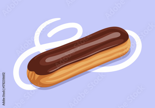 Deliciously illustrated chocolate eclair, a classic French pastry featuring glossy cocoa frosting. Perfect for sweet dessert menus, bakery promotions, or gourmet culinary graphic designs