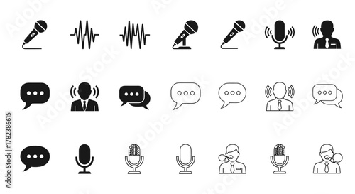 Collection of voice and communication icons in black, flat, and line stroke styles, featuring microphones, sound waves, and speech bubbles, presented in an organized grid on a clean white background