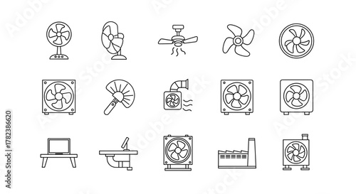 Collection of line art icons representing various types of fans, including desk fans, ceiling fans, industrial fans, and computer fans, presented on a clean white background for easy integration into