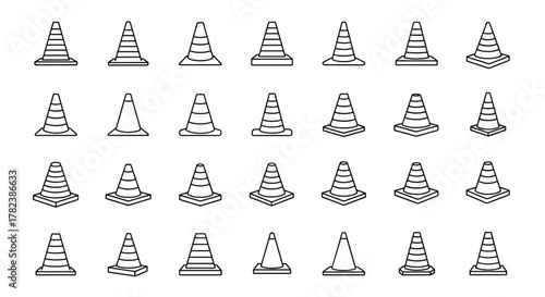 Collection of outline traffic cone icons in various perspectives and styles, perfect for infographics, articles, books, flyers, and banners. This editable stroke vector cartoon illustration features