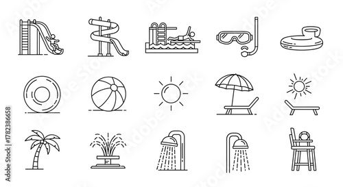 Water Park and Aquapark Thin Line Icon Set: A collection of outline signs for graphic and web design, apps, adverts, and various cards, featuring elements like water slides, swimming pools, diving