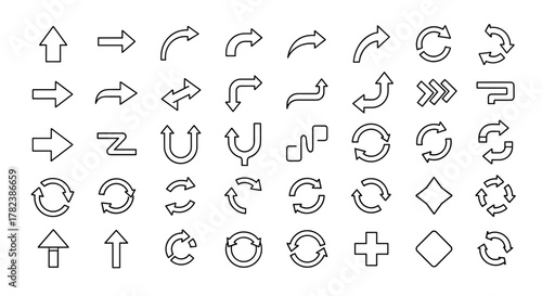 Diverse collection of line art arrow icons, perfect for graphic and web design, app interfaces, advertisements, and various card designs. This vector cartoon illustration features a white background