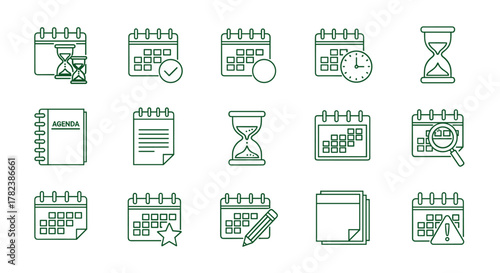 Vector illustration of a set of line icons representing calendar and time management concepts, including hourglass, deadline, timetable, agenda, sandglass, clock, checkmark, search, pencil, and alert
