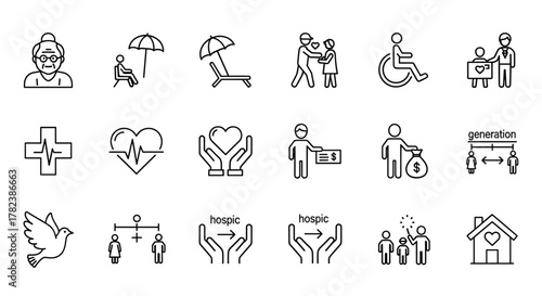 Elderly care icons set: senior, retirement, caregiver, accessibility, health, care, pensioner, generation, hospice, ageing, nursing home, love, donation, peace, family, home, medical, support, and
