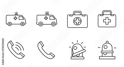 Set of minimalist line art icons representing emergency medical services and urgent communication, including a stylized ambulance, a portable first aid kit, a ringing telephone, and a flashing alarm