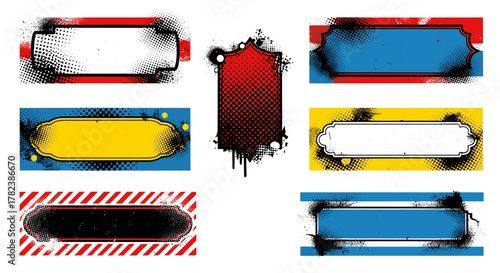 Set of 7 grunge comic pop art banners with rough dotted and striped grainy dirty shapes, featuring halftone spray paint frames and distressed vector elements, perfect for graphic design and