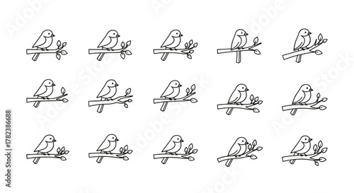 Charming vector cartoon illustration of a set of fifteen stylized birds perched on tree branches, presented as a clean, ordered line icon set against a white background, perfect for nature-themed