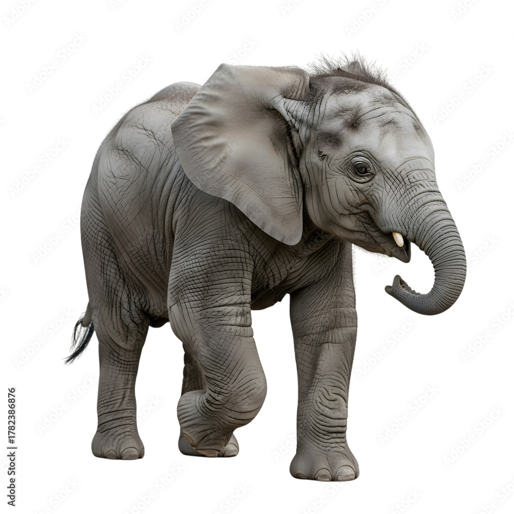 Fototapeta premium A young african elephant with textured skin stands facing left on a transparent background isolated on transparent background