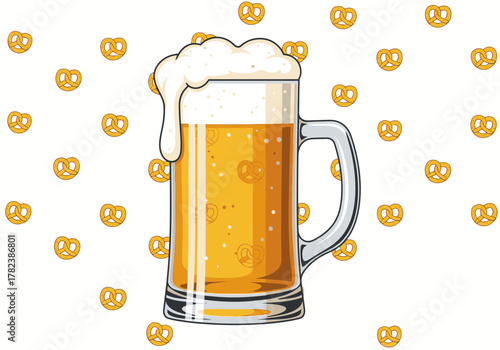 Classic frothy beer mug filled with golden ale, illustrated with a cheerful pattern of iconic pretzel snacks, evoking a festive pub atmosphere