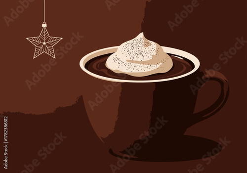 Vector illustration of a comforting hot chocolate drink topped with whipped cream and a decorative star, ideal for festive holiday seasons