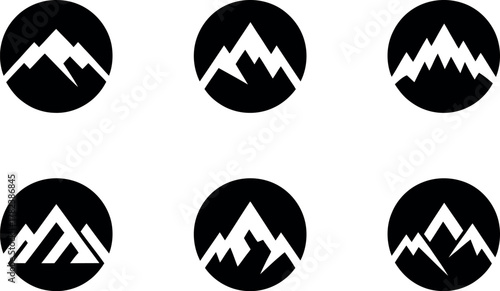 Collection of mountain icons in black circles representing adventure nature and outdoor activities branding
