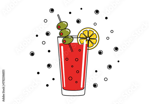 Refreshing Red Cocktail with Olives and Lemon Slice, Decorated with Bubbles on White Background