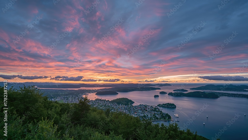 Fototapeta premium Alesund's vibrant sunset sky casting warm hues over Valderoya and nearby islands, seasonal change