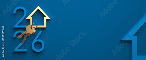 Creative 2026 New Year design template with golden keys and an abstract house symbol. 3D render illustration for a greeting card or banner.