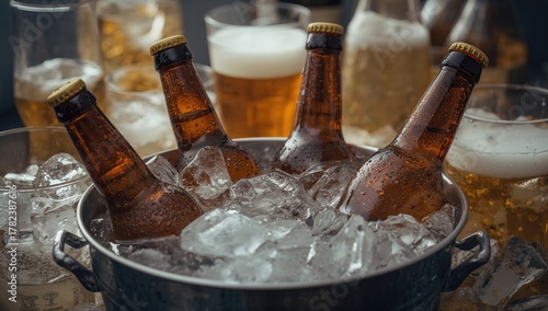 Chilled beer bottles surrou...