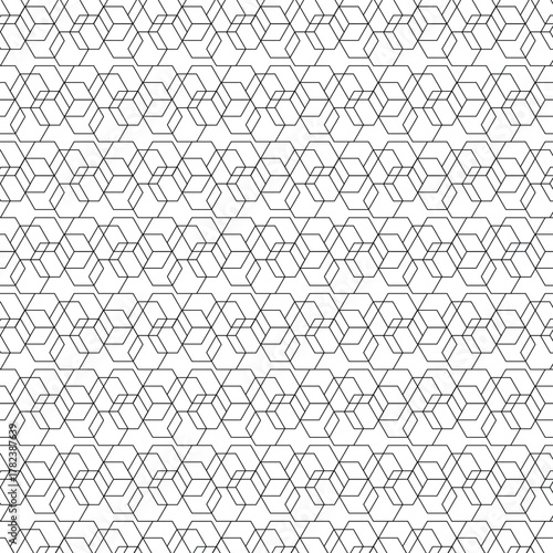 Abstract geometric pattern of repeating hexagonal shapes in black and white