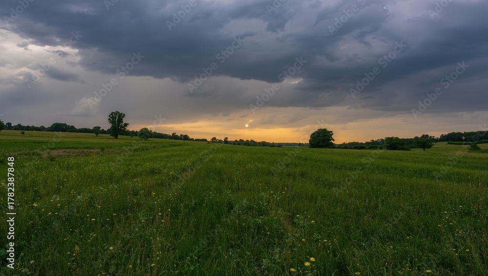 Fototapeta premium Lush grassland under overcast skies before the rain, bright summer day outdoors