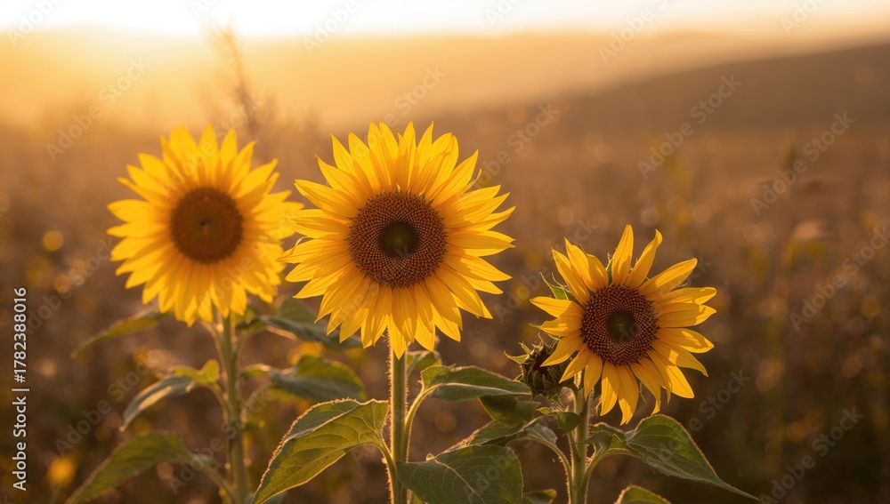 Fototapeta premium Golden sunflowers flourish in a vibrant close-up, radiating beauty and attracting pollinators
