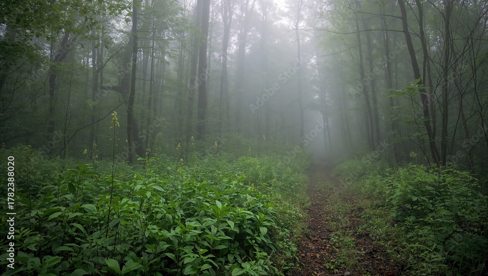 Fototapeta premium Endemic flora in a foggy forest with a winding trail, highlighting the region's biodiversity